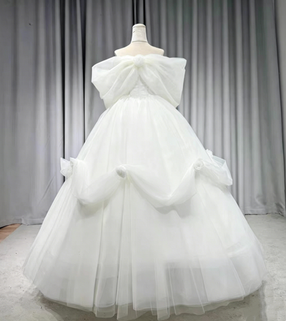 Vibrant Yellow Off Shoulder Big Bow 3D Floral Glitter Tulle Ball Gown Long Prom Dress AD957