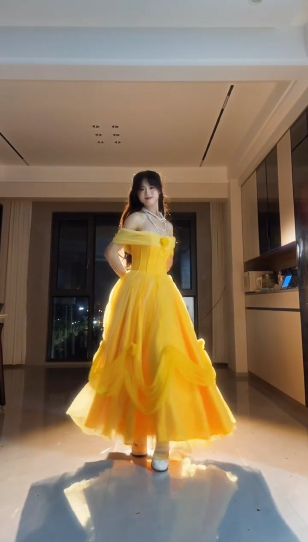 Vibrant Yellow Off Shoulder Big Bow 3D Floral Glitter Tulle Ball Gown Long Prom Dress AD957