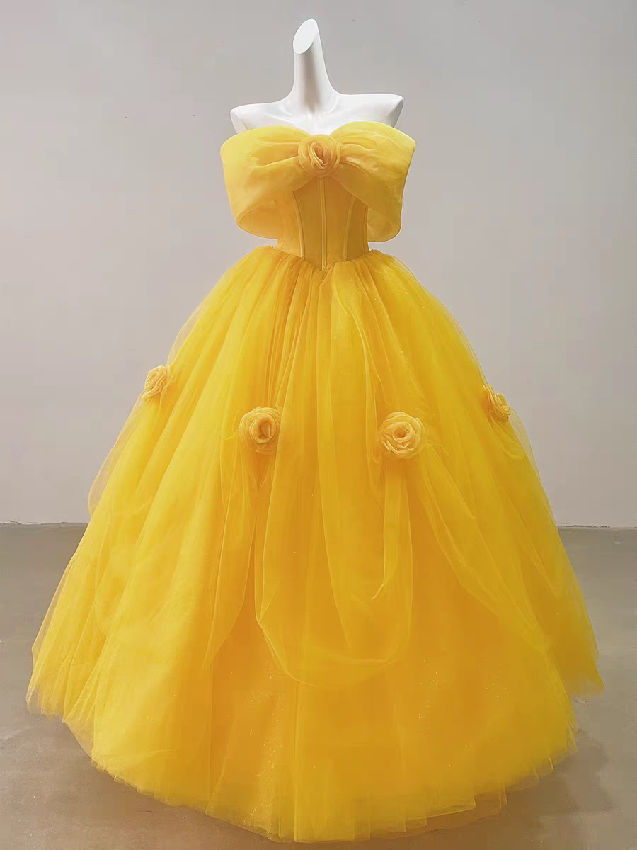 Vibrant Yellow Off Shoulder Big Bow 3D Floral Glitter Tulle Ball Gown Long Prom Dress AD957