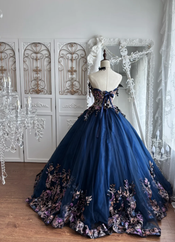 Opulent Navy Strapless Ball Gown Prom Dress With 3D Floral Beads Corset Bodice And Floral Hem Floor Train AD958