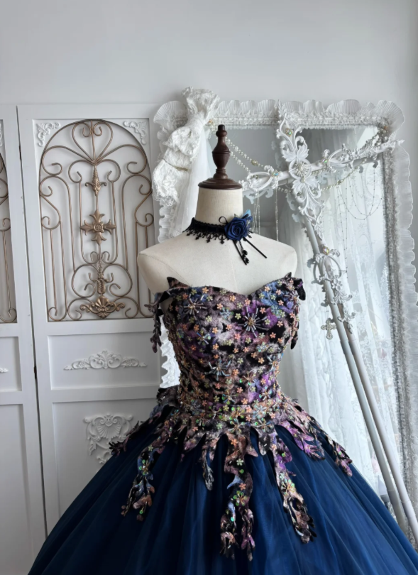 Opulent Navy Strapless Ball Gown Prom Dress With 3D Floral Beads Corset Bodice And Floral Hem Floor Train AD958