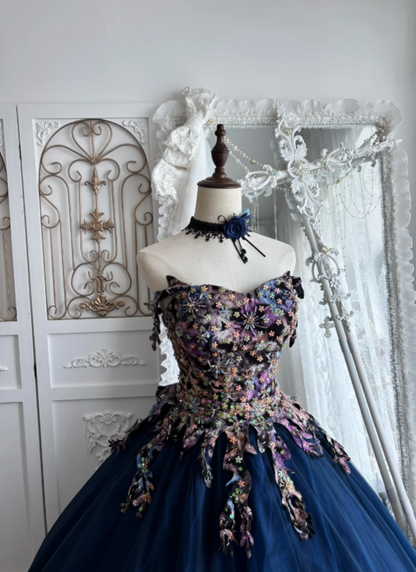Opulent Navy Strapless Ball Gown Prom Dress With 3D Floral Beads Corset Bodice And Floral Hem Floor Train AD958