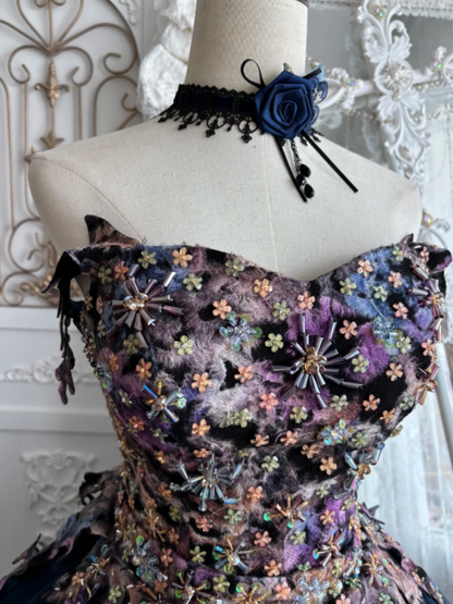 Opulent Navy Strapless Ball Gown Prom Dress With 3D Floral Beads Corset Bodice And Floral Hem Floor Train AD958