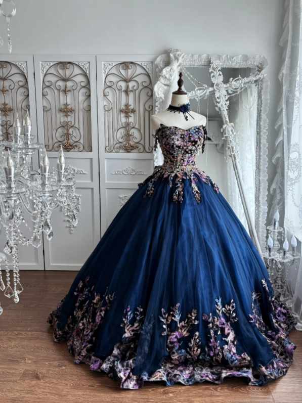 Opulent Navy Strapless Ball Gown Prom Dress With 3D Floral Beads Corset Bodice And Floral Hem Floor Train AD958
