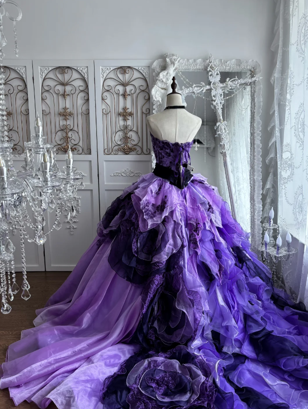 Dreamy Purple Strapless Ball Gown Prom Dress With Beaded Floral Applique Bodice Black Sash Cascading Ruffled Petal Organza Layers AD959