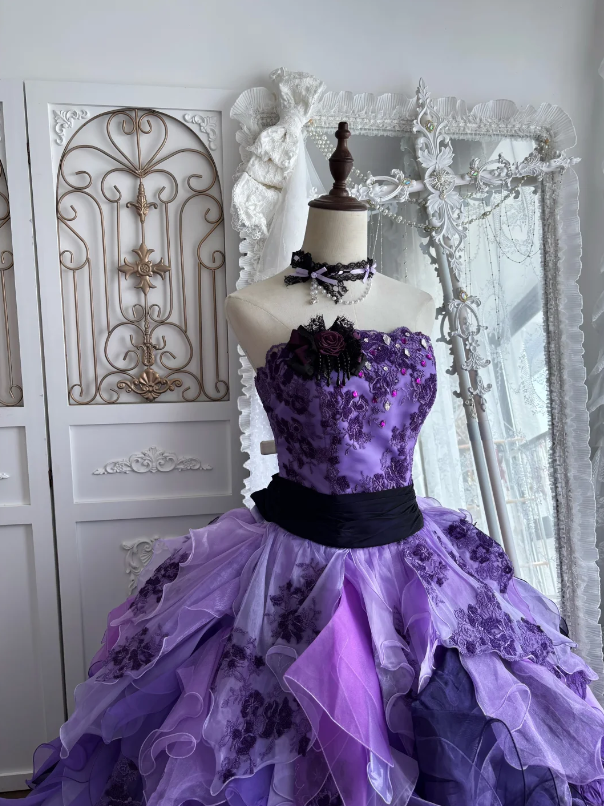 Dreamy Purple Strapless Ball Gown Prom Dress With Beaded Floral Applique Bodice Black Sash Cascading Ruffled Petal Organza Layers AD959