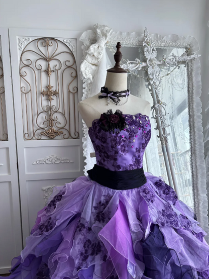 Dreamy Purple Strapless Ball Gown Prom Dress With Beaded Floral Applique Bodice Black Sash Cascading Ruffled Petal Organza Layers AD959