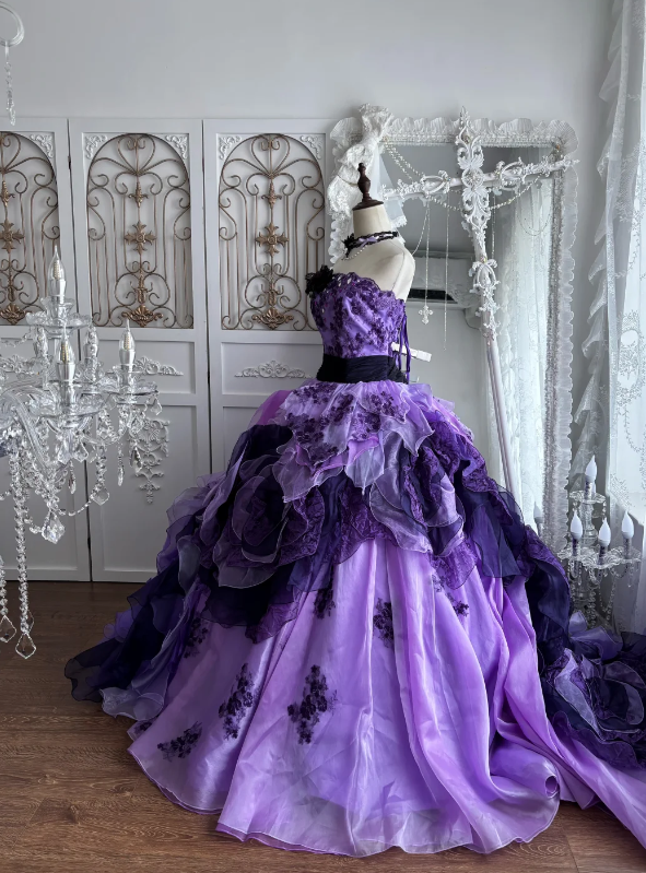 Dreamy Purple Strapless Ball Gown Prom Dress With Beaded Floral Applique Bodice Black Sash Cascading Ruffled Petal Organza Layers AD959