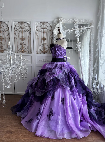 Dreamy Purple Strapless Ball Gown Prom Dress With Beaded Floral Applique Bodice Black Sash Cascading Ruffled Petal Organza Layers AD959
