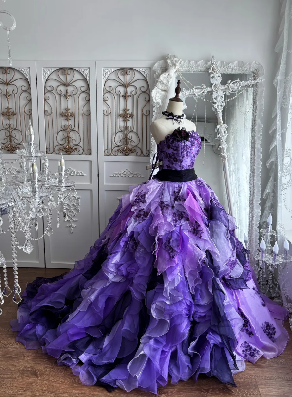 Dreamy Purple Strapless Ball Gown Prom Dress With Beaded Floral Applique Bodice Black Sash Cascading Ruffled Petal Organza Layers AD959