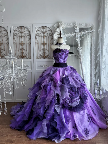 Dreamy Purple Strapless Ball Gown Prom Dress With Beaded Floral Applique Bodice Black Sash Cascading Ruffled Petal Organza Layers AD959