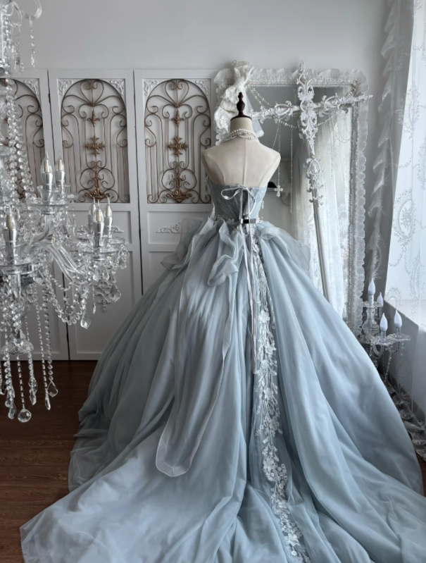 Serene Dusty Blue Sweetheart Neck Ball Gown Prom Dress With Side 3D Floral Lace Corset Bodice And Cascading Ruffle Organza Chapel Train AD960
