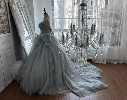 Serene Dusty Blue Sweetheart Neck Ball Gown Prom Dress With Side 3D Floral Lace Corset Bodice And Cascading Ruffle Organza Chapel Train AD960