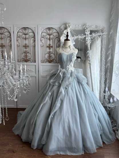 Serene Dusty Blue Sweetheart Neck Ball Gown Prom Dress With Side 3D Floral Lace Corset Bodice And Cascading Ruffle Organza Chapel Train AD960