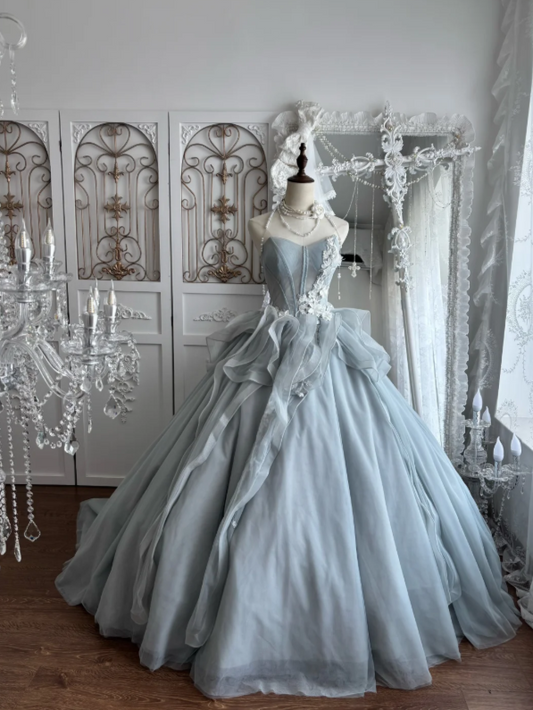 Serene Dusty Blue Sweetheart Neck Ball Gown Prom Dress With Side 3D Floral Lace Corset Bodice And Cascading Ruffle Organza Chapel Train AD960