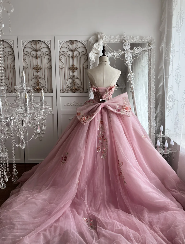 Romantic Pink Strapless Ball Gown Prom Dress With 3D Rose Floral Appliqués,Glitter Tulle Oversized Back Bow And Chapel Train AD961
