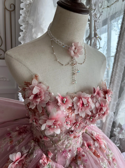 Romantic Pink Strapless Ball Gown Prom Dress With 3D Rose Floral Appliqués,Glitter Tulle Oversized Back Bow And Chapel Train AD961