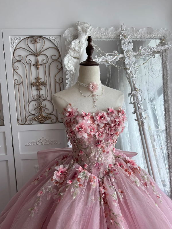 Romantic Pink Strapless Ball Gown Prom Dress With 3D Rose Floral Appliqués,Glitter Tulle Oversized Back Bow And Chapel Train AD961