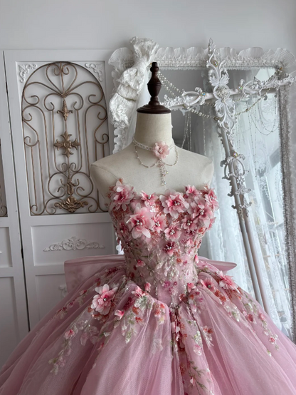 Romantic Pink Strapless Ball Gown Prom Dress With 3D Rose Floral Appliqués,Glitter Tulle Oversized Back Bow And Chapel Train AD961