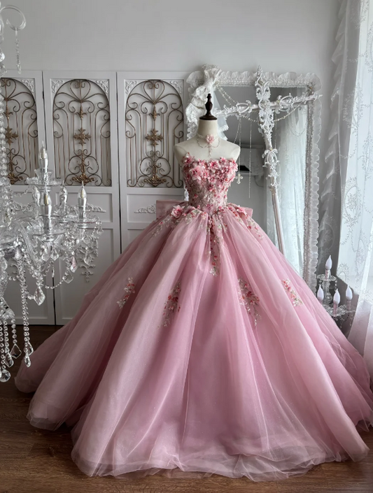 Romantic Pink Strapless Ball Gown Prom Dress With 3D Rose Floral Appliqués,Glitter Tulle Oversized Back Bow And Chapel Train AD961