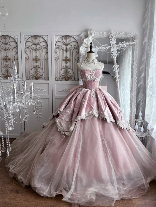 Vintage Dusty Pink Strapless Ball Gown Prom Dress With Satin Corset Bodice,White 3D Floral Appliqué And Tulle Chapel Train AD962