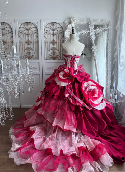 Vibrant Fuchsia Strapless Ball Gown Prom Dress With Floral Printed Corset Bodice Giant 3D Rose Appliqué Ruffle Organza Chapel Train AD963