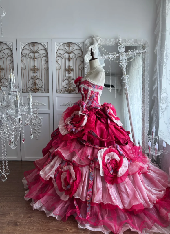 Vibrant Fuchsia Strapless Ball Gown Prom Dress With Floral Printed Corset Bodice Giant 3D Rose Appliqué Ruffle Organza Chapel Train AD963