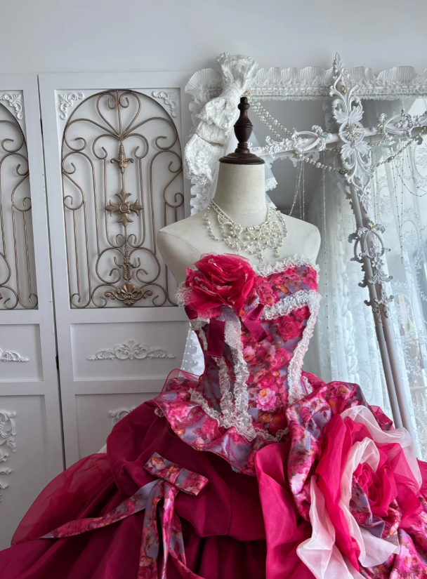 Vibrant Fuchsia Strapless Ball Gown Prom Dress With Floral Printed Corset Bodice Giant 3D Rose Appliqué Ruffle Organza Chapel Train AD963