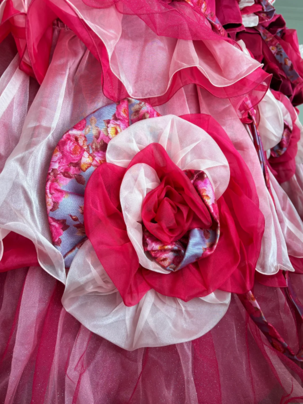 Vibrant Fuchsia Strapless Ball Gown Prom Dress With Floral Printed Corset Bodice Giant 3D Rose Appliqué Ruffle Organza Chapel Train AD963