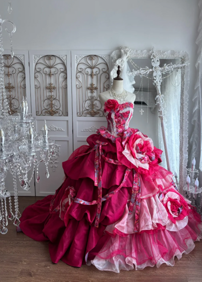 Vibrant Fuchsia Strapless Ball Gown Prom Dress With Floral Printed Corset Bodice Giant 3D Rose Appliqué Ruffle Organza Chapel Train AD963