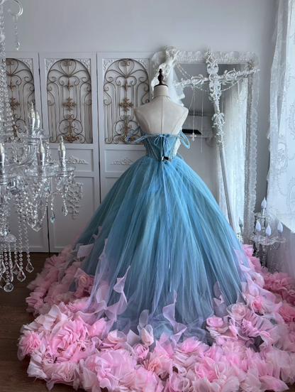 Whimsical Sky Blue Off Shoulder Tulle Ball Gown Prom Dress With Beaded Bodice Pink Ruffle Flower Floor Sweeping Train AD964