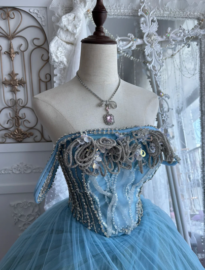 Whimsical Sky Blue Off Shoulder Tulle Ball Gown Prom Dress With Beaded Bodice Pink Ruffle Flower Floor Sweeping Train AD964