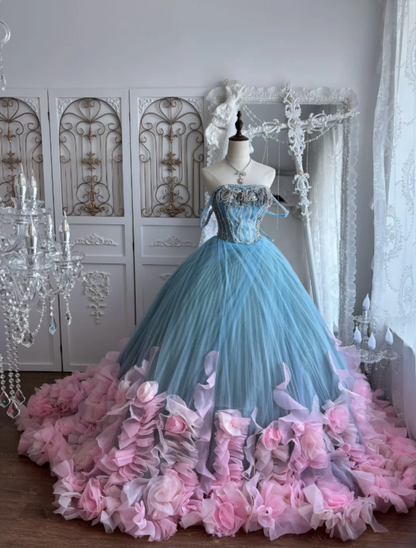 Whimsical Sky Blue Off Shoulder Tulle Ball Gown Prom Dress With Beaded Bodice Pink Ruffle Flower Floor Sweeping Train AD964