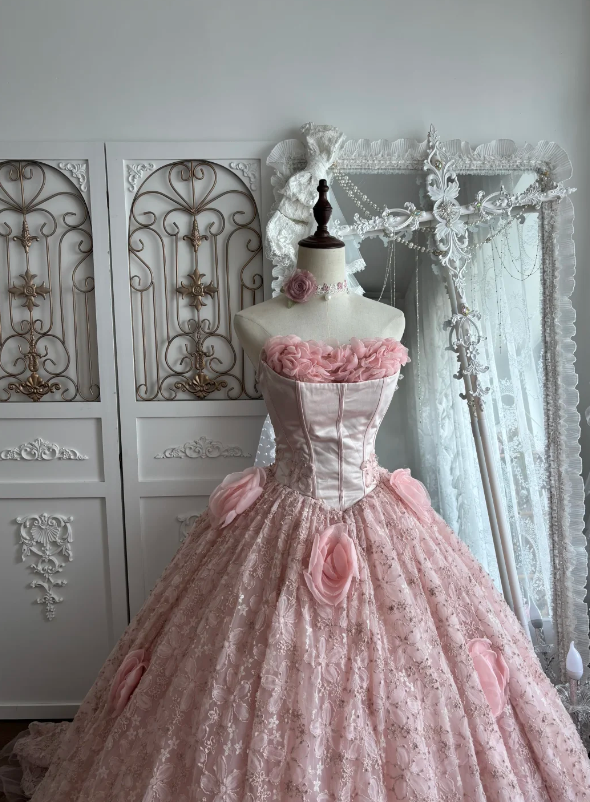 Soft Blush Pink Strapless Ball Gown Prom Dress With Floral Tube Neck,Satin Corset Bodice,Glitter Lace Skirt Oversized 3D Rose And Chapel Train AD965