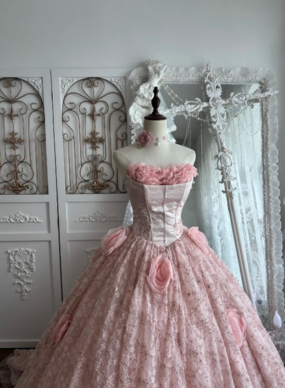Soft Blush Pink Strapless Ball Gown Prom Dress With Floral Tube Neck,Satin Corset Bodice,Glitter Lace Skirt Oversized 3D Rose And Chapel Train AD965