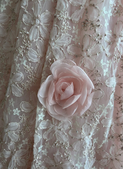 Soft Blush Pink Strapless Ball Gown Prom Dress With Floral Tube Neck,Satin Corset Bodice,Glitter Lace Skirt Oversized 3D Rose And Chapel Train AD965