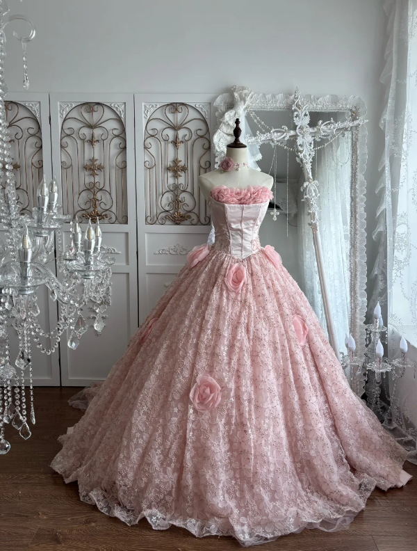 Soft Blush Pink Strapless Ball Gown Prom Dress With Floral Tube Neck,Satin Corset Bodice,Glitter Lace Skirt Oversized 3D Rose And Chapel Train AD965