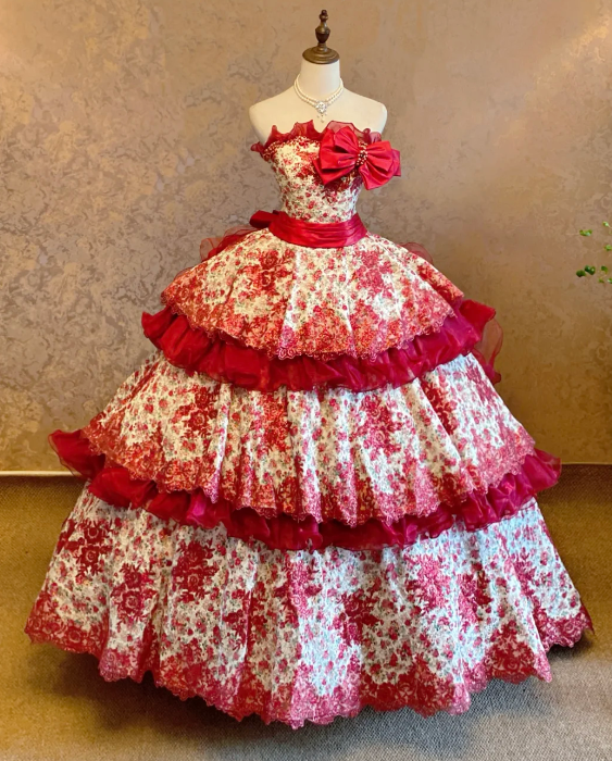 Vintage Red Floral Print Strapless Tiered Cake Ball Gown Prom Dress With Large Red Satin Bow,Wide Waist Sash And Ruffled Organza Trim AD967