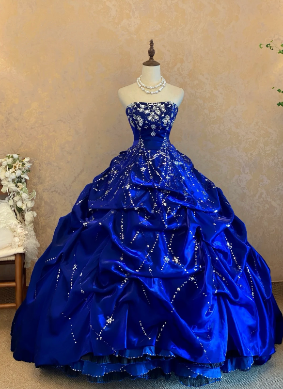 Regal Royal Blue Strapless Satin Ball Gown Prom Dress With Rhinestone Beaded And Voluminous Draped Bubble Ruffle Skirt AD968