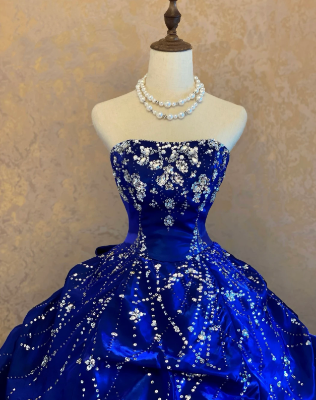 Regal Royal Blue Strapless Satin Ball Gown Prom Dress With Rhinestone Beaded And Voluminous Draped Bubble Ruffle Skirt AD968