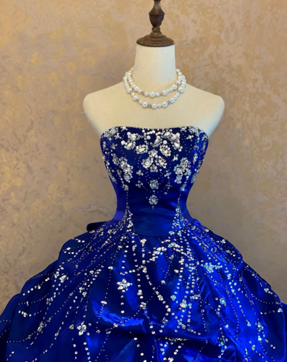 Regal Royal Blue Strapless Satin Ball Gown Prom Dress With Rhinestone Beaded And Voluminous Draped Bubble Ruffle Skirt AD968