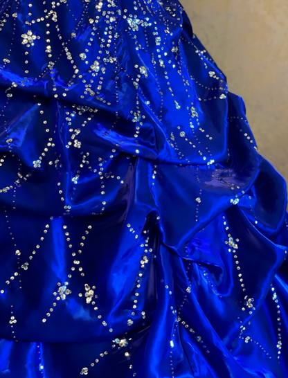Regal Royal Blue Strapless Satin Ball Gown Prom Dress With Rhinestone Beaded And Voluminous Draped Bubble Ruffle Skirt AD968