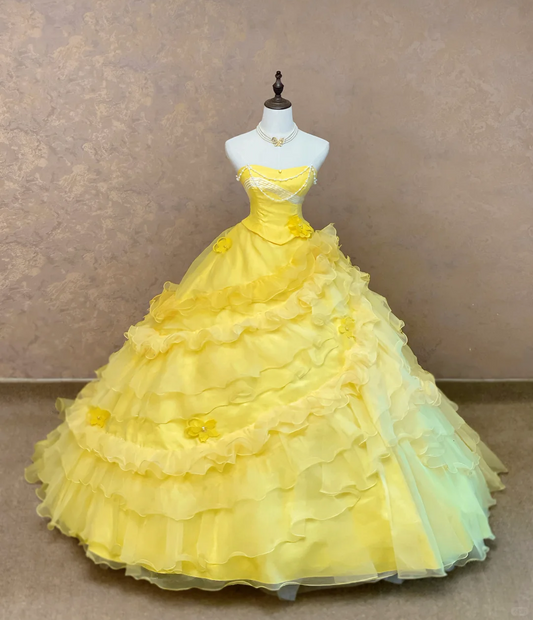 Sunny Bright Yellow Strapless Ball Gown Prom Dress With Pearl Chain And Spiral Multi-Tier Ruffle Organza Skirt AD969