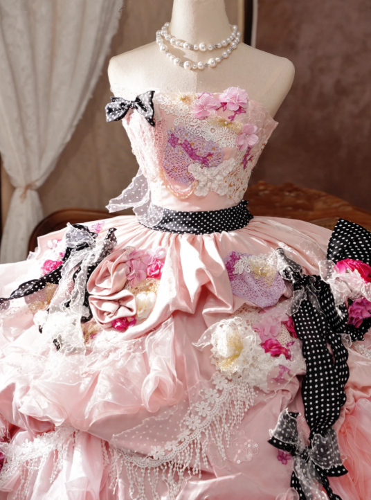 Vintage Pink Strapless Ball Gown Prom Dress With Floral Lace,3D Rose Appliqués,Black Polka Dot Sash,Ribbon Bows And Cascading Fringe Lace Organza Skirt AD971