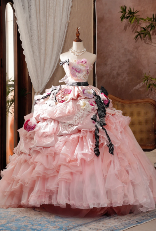 Vintage Pink Strapless Ball Gown Prom Dress With Floral Lace,3D Rose Appliqués,Black Polka Dot Sash,Ribbon Bows And Cascading Fringe Lace Organza Skirt AD971
