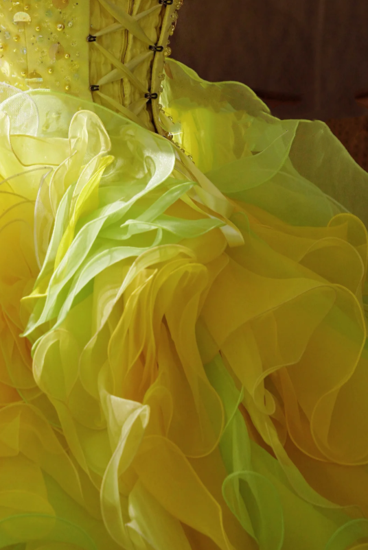 Vibrant Lime Yellow Ombre Strapless Ruffled Organza Tube Neck Ball Gown Prom Dress With Beaded Bodice,Giant Cascading Petal Layer Skirt And Chapel Train AD972