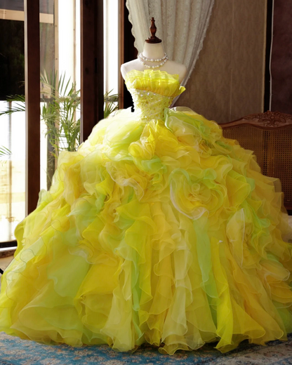Vibrant Lime Yellow Ombre Strapless Ruffled Organza Tube Neck Ball Gown Prom Dress With Beaded Bodice,Giant Cascading Petal Layer Skirt And Chapel Train AD972
