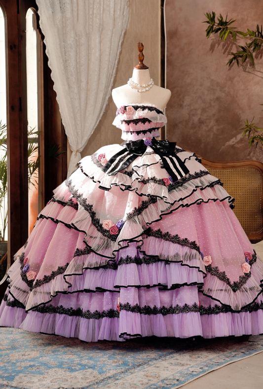 Romantic Pink Lavender Two-Tone Ruffle Organza Strapless Tiered Ball Gown Prom Dress With Black Lace Trim,Big Bow,3D Rose Appliqués And Chapel Train AD974