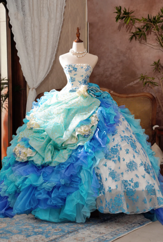 Oriental White Base Blue Floral Strapless Ball Gown Prom Dress With Teal Royal Blue Ruffle Organza Skirt,3D White Floral And Chapel Train AD975