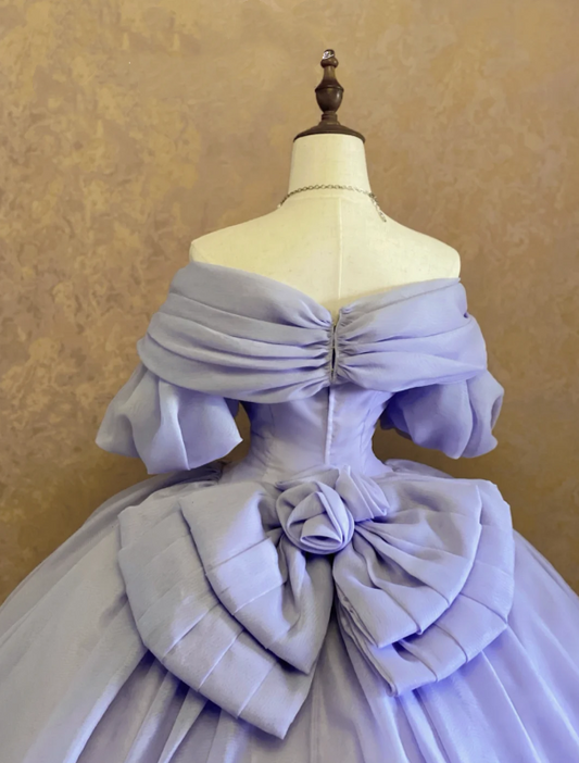 Vintage Lavender Off Shoulder Ball Gown Prom Dress Ruched Bubble Short Sleeve Boned Corset Bodice Giant Back Bow with 3D Rose AD976